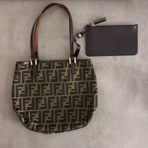 FENDI Zucca Canvas Tote Bag With Leather Pouch Vintage